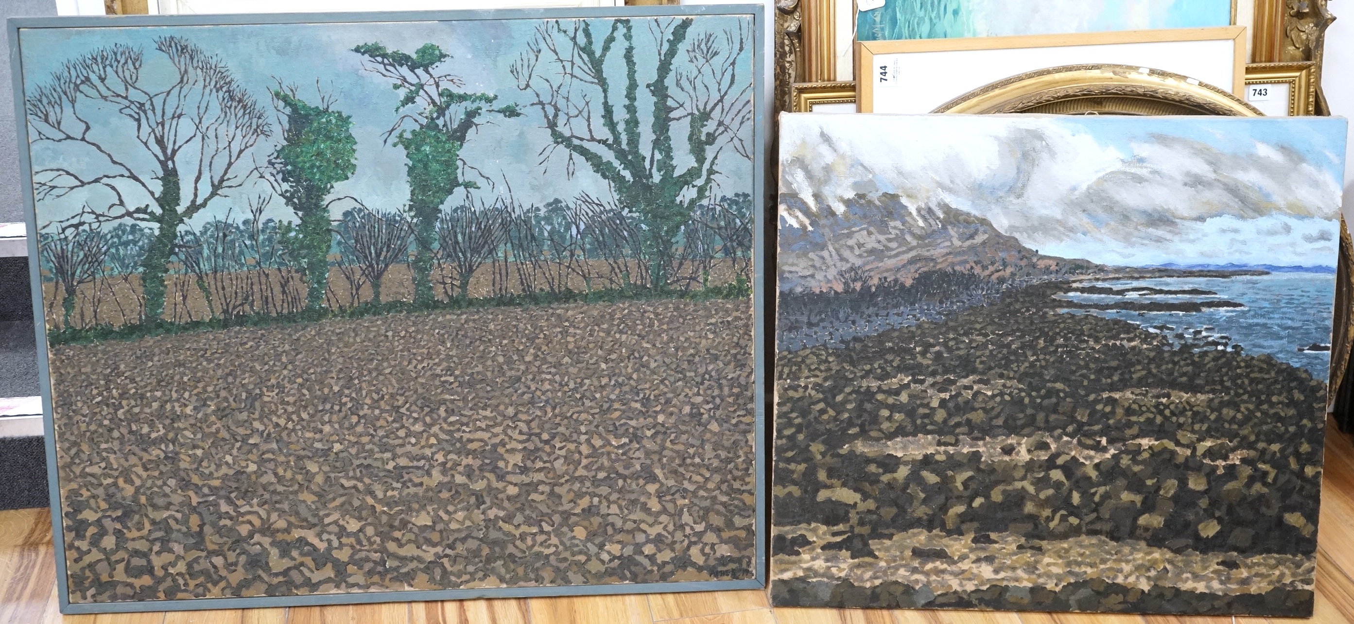 Anthony Amies (1945-2000), Rocky coastal view and hedgerow, each signed and dated '79 and '80, two oils on canvas, largest 76 x 92cm, one framed